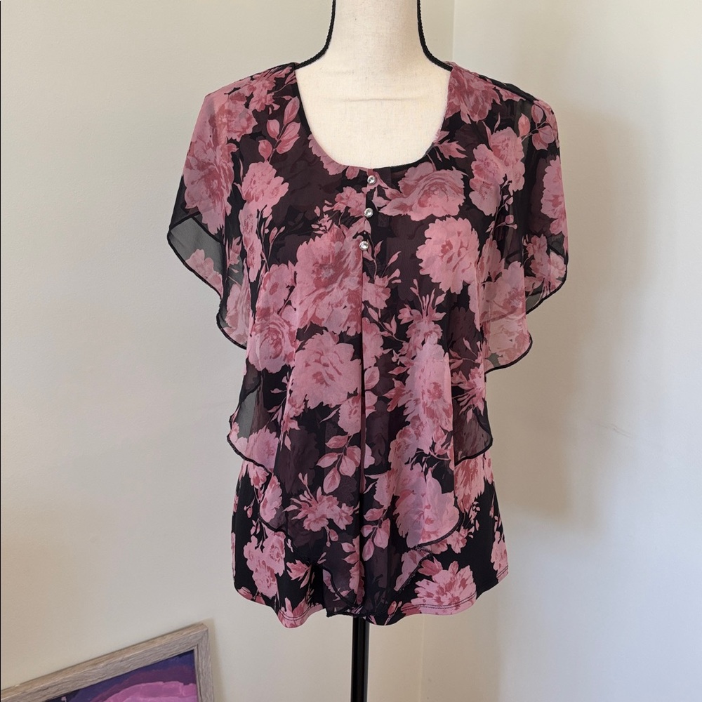 Floral Sheer Pink and Black Blouse